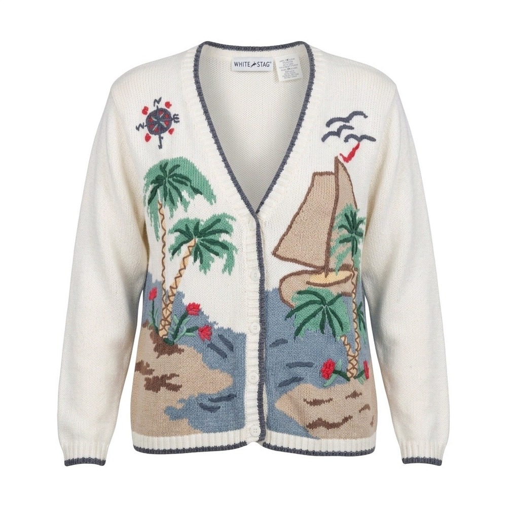 White Stag Vintage Tropical Sailboat Cardigan Sweater Cream Medium Shoulder Pads